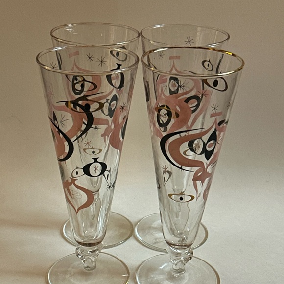 VTG Libbey 4pc Seville Fluted Pilsner Glasses MCM Atomic Starburst Pink & Black - Picture 3 of 6